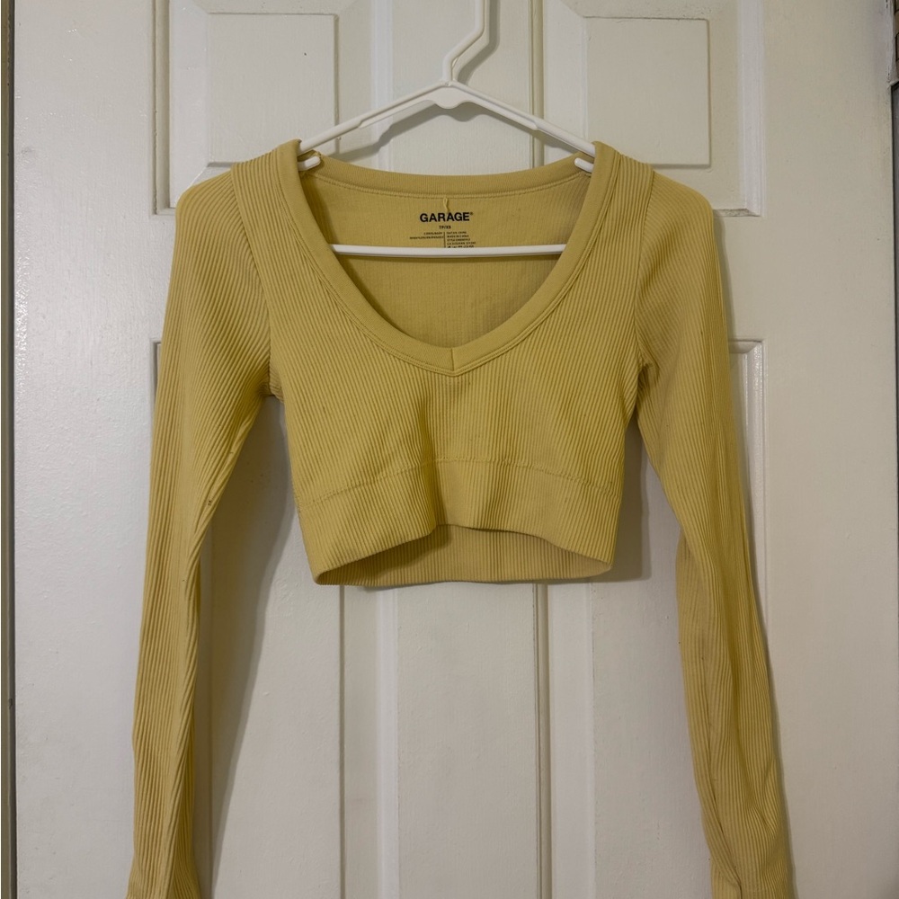 Garage Mustard Ribbed V-Neck Crop Top